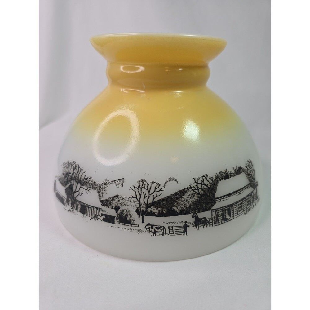 Farmcore 8" White/ Yellow Milk Glass Vtg Lamp Shade W/ Farm, Barn Scene in Black